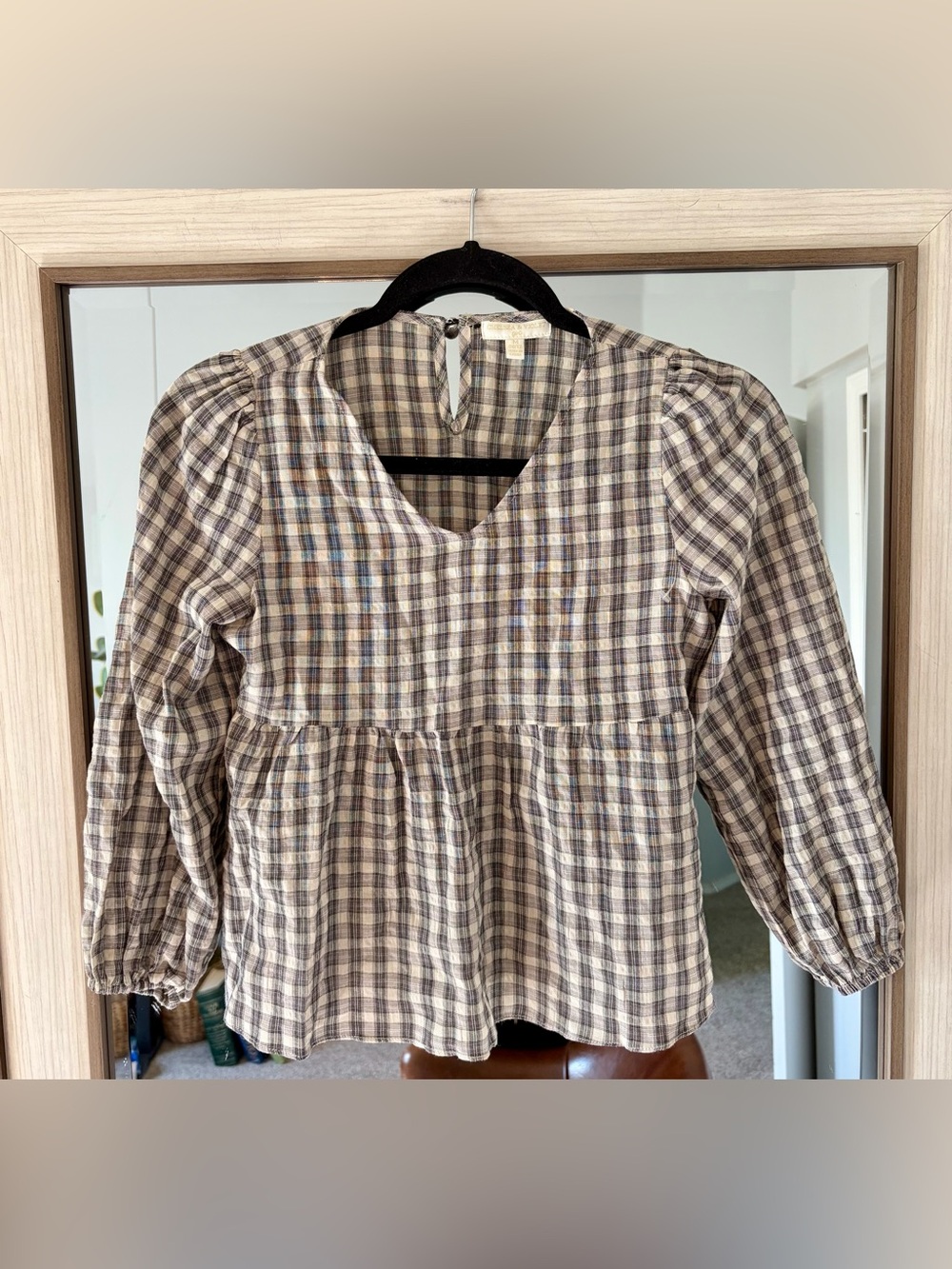 Chelsea & Violet Girls Balloon Sleeve Gingham Checkered empire waist Blouse Med